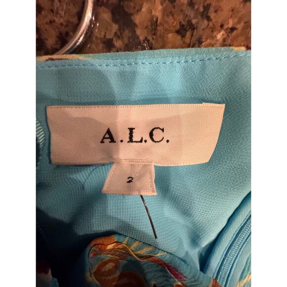 A.L.C. VIOLET BLUE TEAL SILK PRINTED HALTER SLEEVELESS ASYMMETRIC MIDI DRESS - Picture 6 of 7